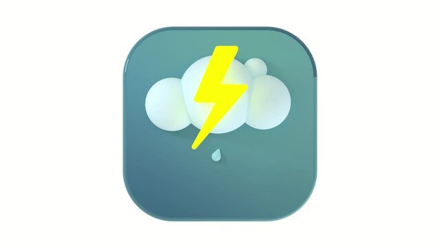 3D thundercloud icon with rain on a gray button on a white background with a smooth 4K animation cycle. Animated weather icon. Thunderstorm and lightning. 3D Illustration