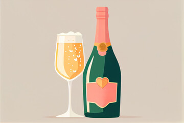 cartoon style illustration of champagne bottle and glass with romantic atmosphere. AI