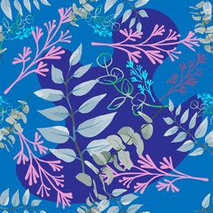 Watercolor vector seamless pattern with plants and leaves.