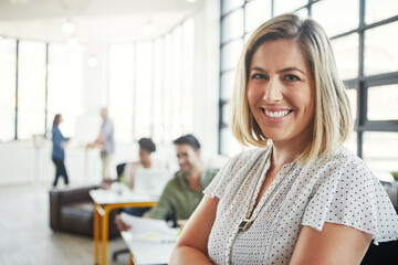 Woman, smile portrait and leader success motivation, positive mindset and happiness isolated in white background. Female designer, happy entrepreneur and leadership goals vision in modern office