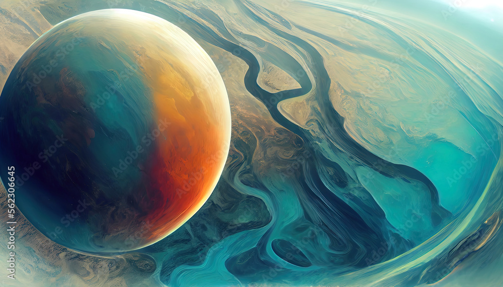Poster abstract image of a planet with water. find new sources and technologies