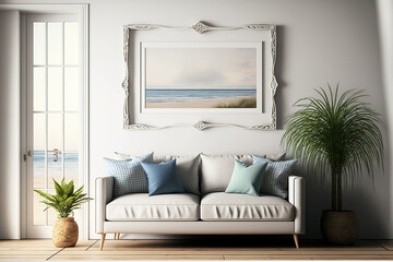 Mockup frame in warm interior of home, living room in coastal style,. Generative AI
