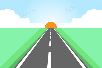 Vector landscape nature background.Road in autumn,clouds on the blue sky. Flat style illustration of spring nature.