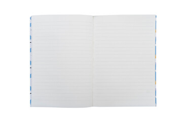 Open notebook empty pages top view. Lined notepad isolated on white background. Note book spreadsheet pages. Opened dairy or textbook mockup. Opened blank note book isolated on white.