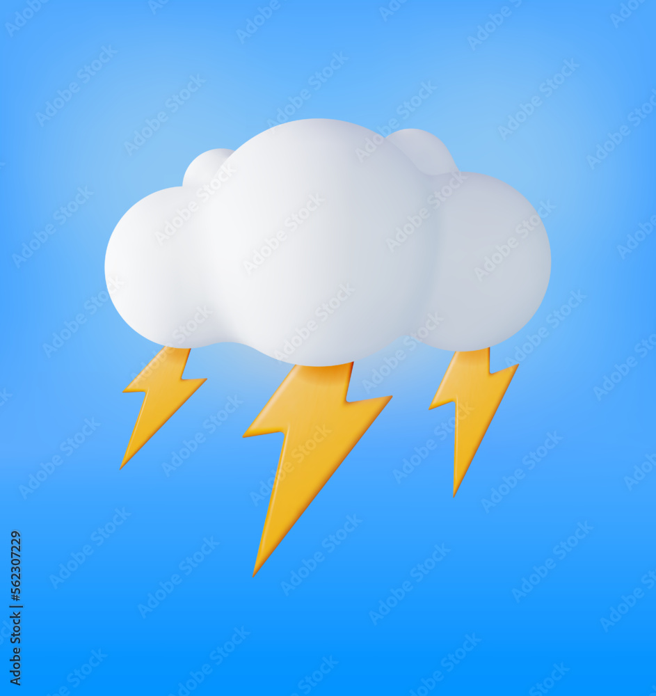 Poster 3d cloud with lightning icon isolated. render weather icon. thunderstorm in fluffy cloud. realistic 