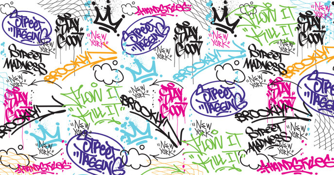 Fototapeta Abstract graffiti art background with scribble throw-up and tagging hand-drawn style. Street art graffiti urban theme for prints, patterns, banners, and textiles in vector format.