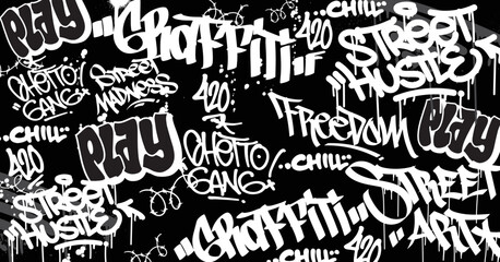 Obraz premium Abstract graffiti art background with scribble throw-up and tagging hand-drawn style. Street art graffiti urban theme for prints, patterns, banners, and textiles in vector format.