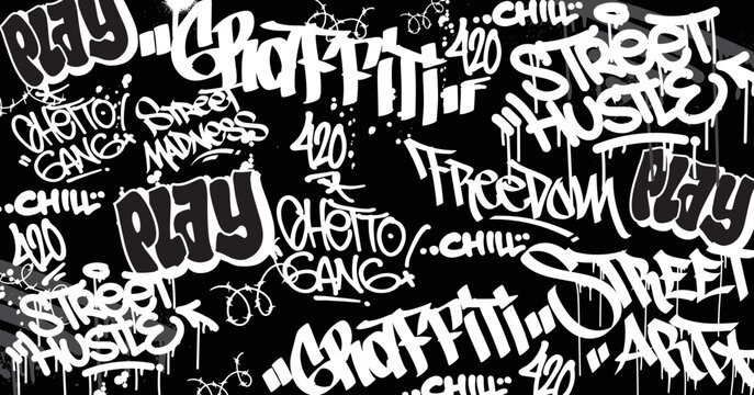 Abstract graffiti art background with scribble throw-up and tagging hand-drawn style. Street art graffiti urban theme for prints, patterns, banners, and textiles in vector format.
