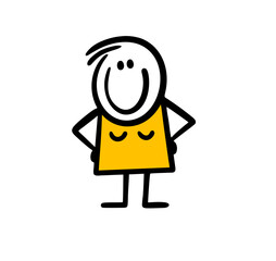 Doodle contented woman in a fashionable yellow dress stands with her hands on her hips and smiles.