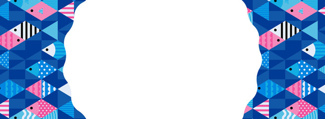 幾何学的な魚模様のフレーム・背景素材／ブルー系（バナー向け横長）