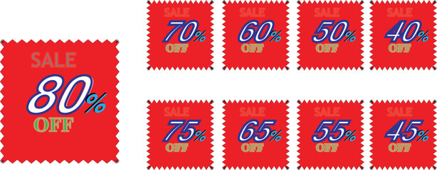 
For the sale tag speech bubble red shape with different discount set, there is a 10, 20, 30, 40, 50, 60, 70, 80, and 90 percent price clearance sticker badge banner label vector illustration isolated
