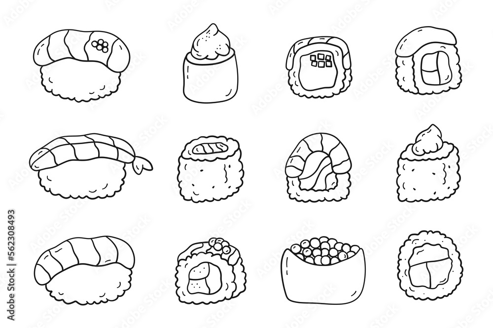 Wall mural doodle set of sushi and rolls. vector illustration asian food in linear drawing style on white backg