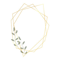 Golden geometric boder with leaves in watercolor style. Luxury polygonal frame for decoration valentine's day, wedding invitations, greeting cards. Png on transparent background, vector illustration