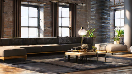 Fototapeta premium postmodern living room interior in loft, industrial style, vintage, Generative AI