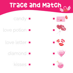 Trace and matching the words with the images. Educational activity kit for children. printable game worksheet. Valentine theme. Vector illustrations file.