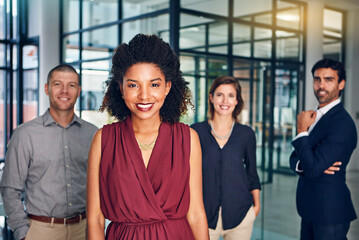 Business people, smile portrait and success together for teamwork support, company vision and standing ready in office. Diversity, corporate team and management happiness or leadership motivation - obrazy, fototapety, plakaty