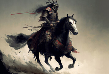 Samurai Warrior on Horseback Leading a Charge - obrazy, fototapety, plakaty