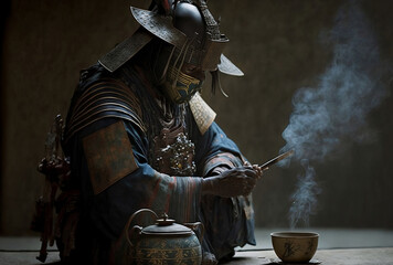 Samurai Warrior Performing a Traditional Tea Ceremony