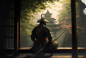 Samurai Warrior Practicing Meditation with a Wooden Sword
