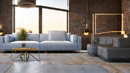 postmodern living room interior in loft, industrial style, vintage, Generative AI