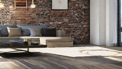 postmodern living room interior in loft, industrial style, vintage, Generative AI