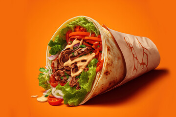 On an orange background, a shawerma, or shawarma tortilla wrap, with lettuce, tomatoes, onions, and hot sauce. Generative AI