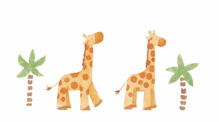 Beautiful stock clip art set with watercolor hand drawn cute safari giraffe animals and palm trees. Illustration for baby.