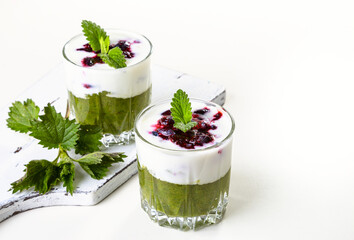 Delicious dessert with a layer of yogurt, nettle smoothie and honeysuckle jam. Dessert is served in a glass with a spoon. Copy space