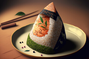 Okaka salmon onigiri is a traditional Japanese dish. Generative AI - obrazy, fototapety, plakaty