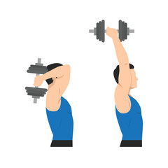 Fototapeta na wymiar Man doing Dumbbell overhead triceps extension exercise. Flat vector illustration isolated on white background
