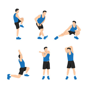 Workout man set. Man doing fitness exercises. Full body stretching. Warming up and stretch. Flat vector illustration isolated on white background