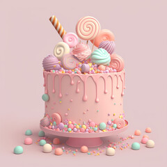 Birthday celebration cake, pastel color icing and candies decoration in a plate, isolated on pink. AI generative