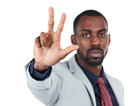 Business Man, Three Hand Sign And Portrait Of A Corporate Employee In A Professional Suit. Serious Face, White Background And Isolated Worker Black Man Model Showing Numbers With Hands And Mock Up