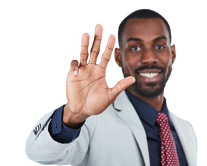 Black man, business portrait and hand to show fingers, sign or numbers isolated on white background. Hands of male entrepreneur show symbol, emoji or gesture communication for counting four in studio