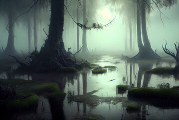 Mystical swamp in an ominous fog. Fantasy background. Generative AI - obrazy, fototapety, plakaty