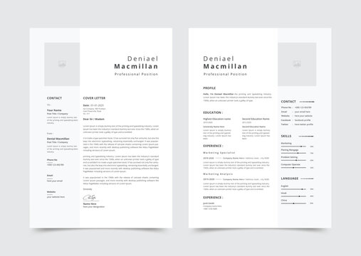 Professional CV resume template design and letterhead/cover letter - vector minimalist - black and white - Powered by Adobe