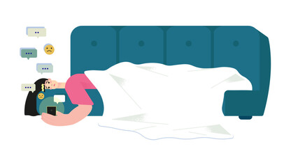Vector illustration, a young girl sadly lies on the sofa and sends messages by phone. Online communication, loneliness, emotions.