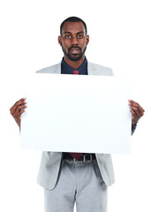 Portrait, businessman or paper poster for marketing space, advertising mockup or promotion mock up. Corporate worker, banner or blank billboard sign on isolated white background for about us branding