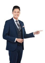 Happy, portrait or pointing businessman on isolated white background, marketing space or advertising mockup. Smile, asian and corporate worker face with show hand gesture at financial investment deal