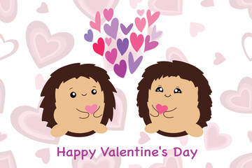 Cute hedgehogs. Valentine with lovers. Vector illustration isolated on white background.