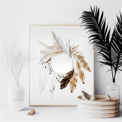 Stylish and modern boho interior of living room with mock up photo frames, Bohemian concept. Mockup ready to use. Generative AI