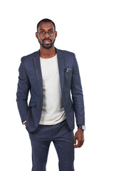 Black businessman, portrait or fashion suit on isolated white background in smart casual, cool or trendy clothes. Creative designer, worker or formal employee with vision glasses, goals or innovation