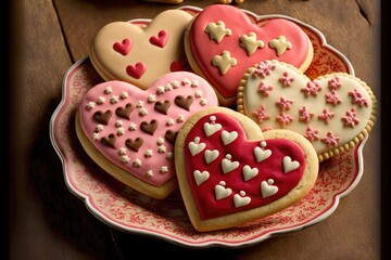 Delicious Valentines Day heart shaped cookies. Sweet hearts made with love. Generative AI.