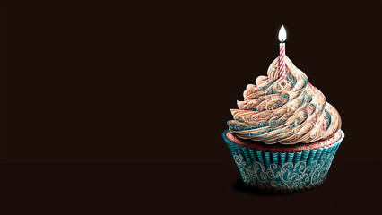 Realistic Lit Candle On Colorful Cupcake. 3D Render.