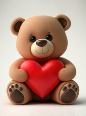 Obraz premium Brown teddy bear holding a red heart on white background. Cute Valentine day postcard with copy space. Generative AI