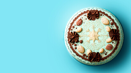 Top View of Realistic Cake With Beautiful Icing Blue Background. 3D Render.