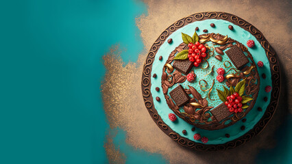 Obraz na płótnie Canvas Top View of Chocolate And Berries Cake On Golden And Turquoise Grunge Background. 3D Render.