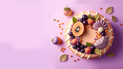 Fototapeta na wymiar 3D Render, Beautiful Cake Decorated With Fruits On Light Purple Background.