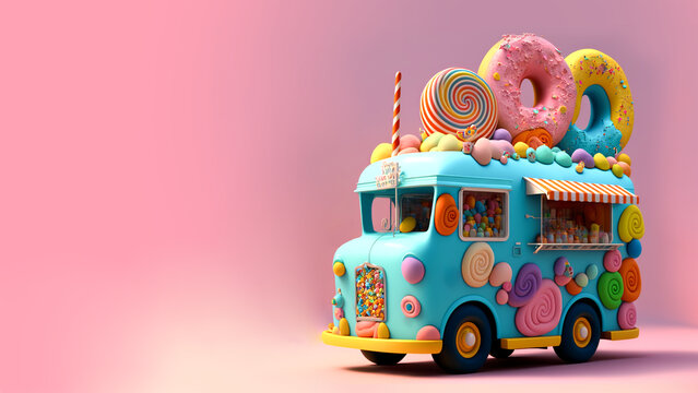 3D Render, Fantasy Colorful Food Truck of Candy Land Against Colorful Background.
