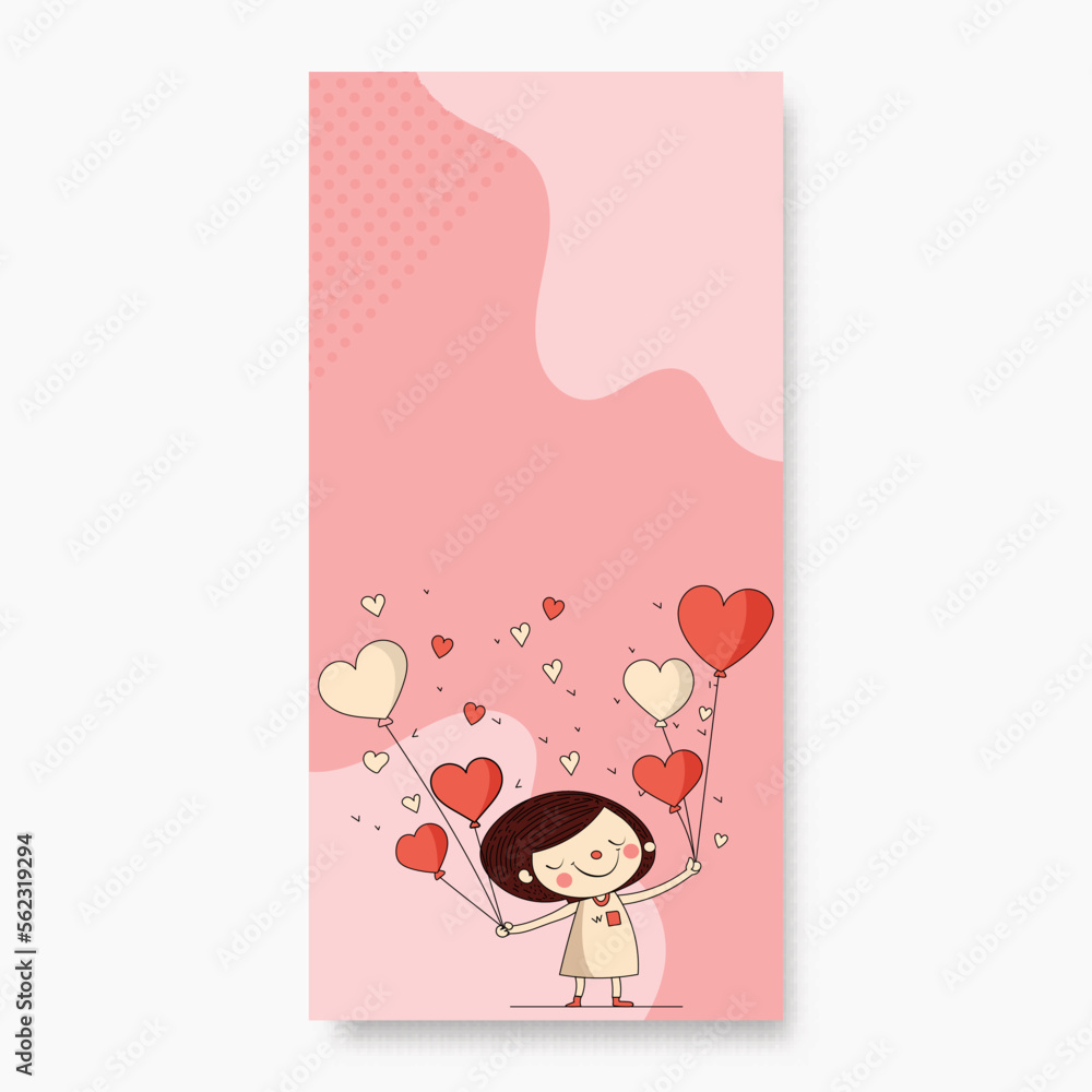 Poster Isolated Cute Little Girl Holding Heart Shape Balloons On Pastel Pink Fluid Background And Copy Space. Love Or Valentine's Day Concept.